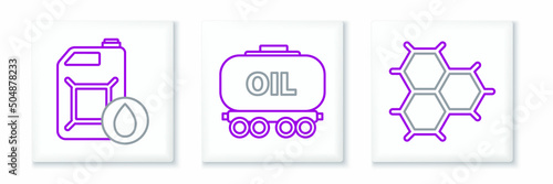 Set line Chemical formula consisting of benzene rings, Canister motor machine oil and Oil railway cistern icon. Vector