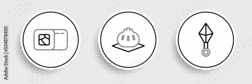Set line Japanese ninja shuriken, Sushi and Khinkali on cutting board icon. Vector