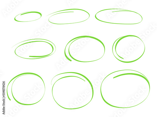 Highlight marker oval frames. Hand drawn scribble doodle underscore green circle. Ovals and ellipses line template. Vector illustration isolated on white background.