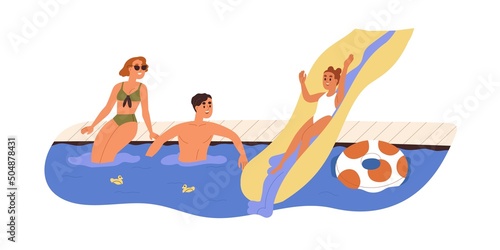 Family, kid in aqua water park, happy child sliding down. Mom, dad, daughter in amusement waterpark with waterslide on summer vacation, holiday. Flat vector illustration isolated on white background