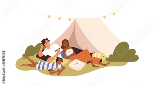 Happy interracial family at camping on summer holidays. Parents and kid near tent, relaxing outdoors in nature. Mother, father, girl resting. Flat vector illustration isolated on white background