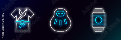 Set line Japanese paper lantern, costume Kimono and Maneki neko cat icon. Glowing neon. Vector