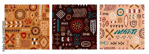 Tribal ethnic patterns set. Seamless African, Indian backgrounds with ethno geometric doodle elements. Repeating abstract ancient print. Folk texture designs. Colored drawn graphic vector illustration