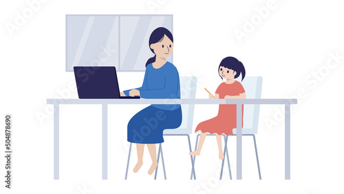 お母さんと一緒に宿題をする子供のイラスト素材｜mayucolor03