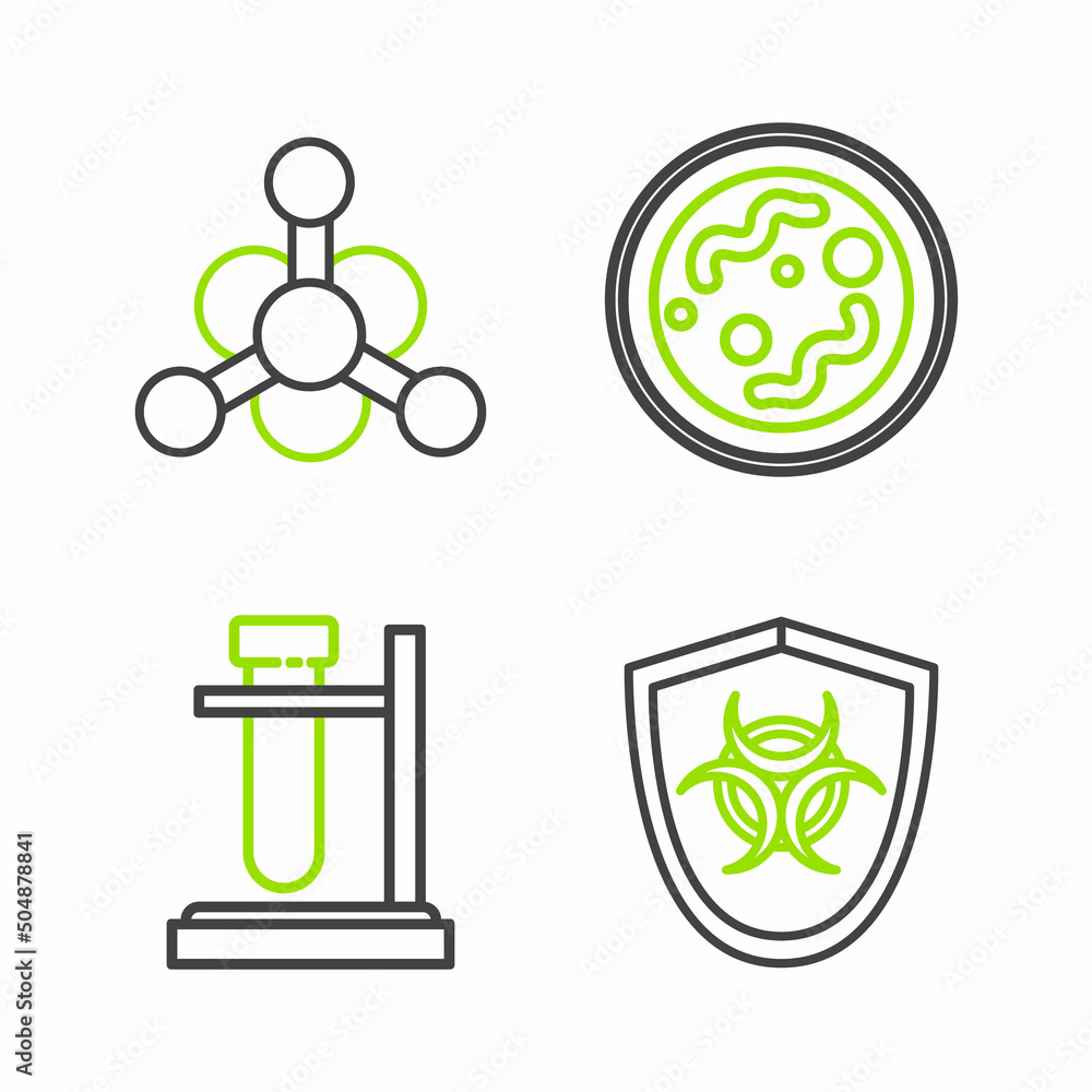 Set line Biohazard symbol on shield, Test tube flask stand, Bacteria and icon. Vector Set line Biohazard symbol on shield, Test tube flask stand, Bacteria and icon. Vector