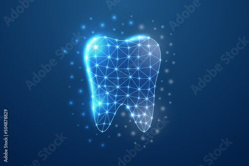 Tooth 3d symbol in blue low poly style. Dentistry service, dental design concept vector illustration. Stomatology polygonal wireframe.