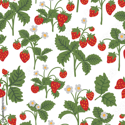 Wild strawberries bush vector seamless pattern. Summer forest berry hand drawn texture for wallpapers, textile, wrapping paper, fabric, packaging, greeting cards. Cute fruit flat cartoon background.
