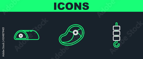 Set line Grilled shish kebab on skewer stick, Meat and Steak meat icon. Vector