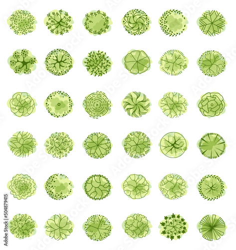 Tree for architectural floor plans. Entourage design. Various trees, bushes, and shrubs, top view for the landscape design plan. Vector illustration.