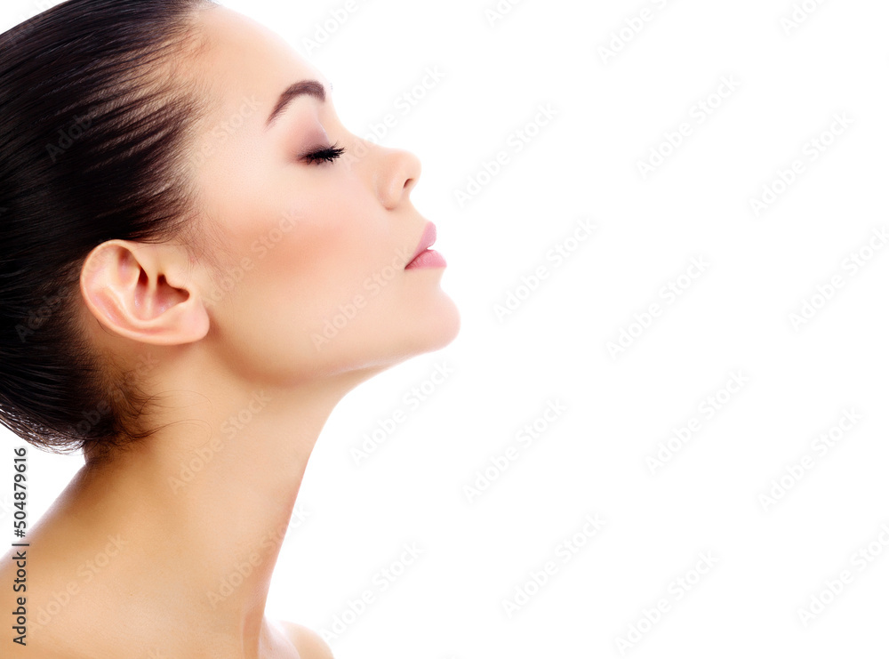 Young female with long neck, white background, copyspace Young female with long neck, white background, copyspace