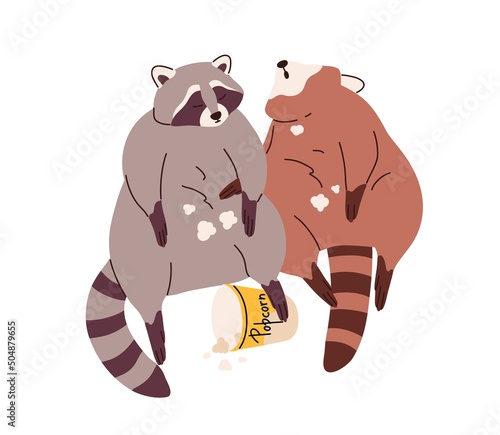 Cute lazy fat raccoons eating food. Funny racoons couple overeating with popcorn. Adorable amusing chunky full animals friends. Plump characters. Flat vector illustration isolated on white background