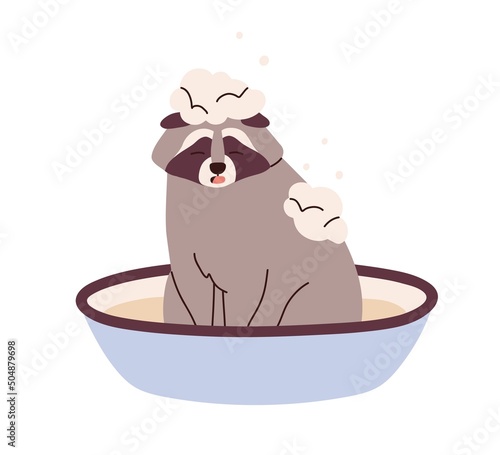 Raccoon washing, bathing in basin with water and shampoo. Cute funny racoon animal in washbasin with soap foam during spa grooming hygiene. Flat vector illustration isolated on white background