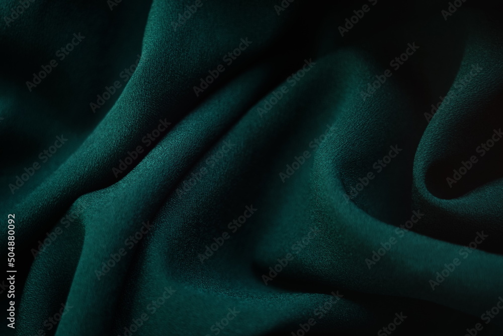 Emerald material chiffon waves, delicate dark green thin fabric - obrazy, fototapety, plakaty 