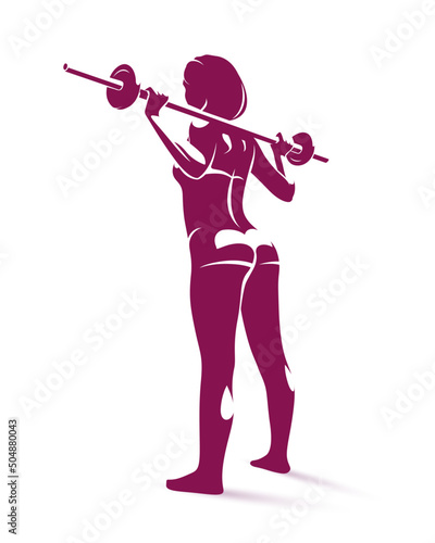 Young attractive woman with perfect muscular body training with a barbell vector illustration isolated, sport exercises active lifestyle.