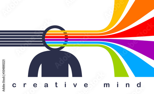 Creative mind brain vector concept in flat trendy design style, colorful rainbow stripes goes out of man head symbolizes creative ideas and thinking, artist designer or writer author.