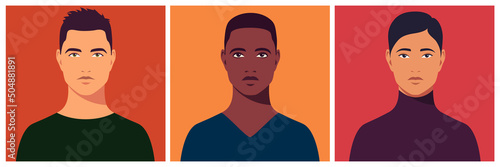 Portrait of young man. Portrait of multicultural students. Abstract male portrait, full face. Stock vector isolated illustration in flat style.