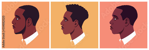 Young african man face side view. Portrait of serious student. Avatar of guy for social networks. Abstract male portrait in profile. Stock vector isolated illustration in flat style.
