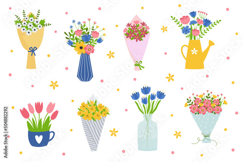 Set of flower bouquets. Bunch of plants in vases, cup and watering can collection. Design element for greeting card, invitation, stickers, postcard, poster, print.