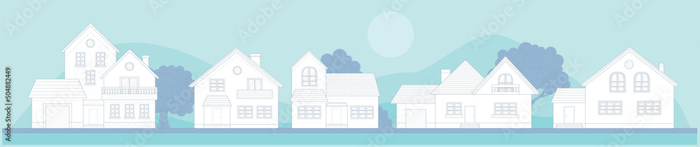 Fototapeta premium Row of houses on the street. Outline city concept horizontal banner. Vector buildings project style. Village houses, skyline view.
