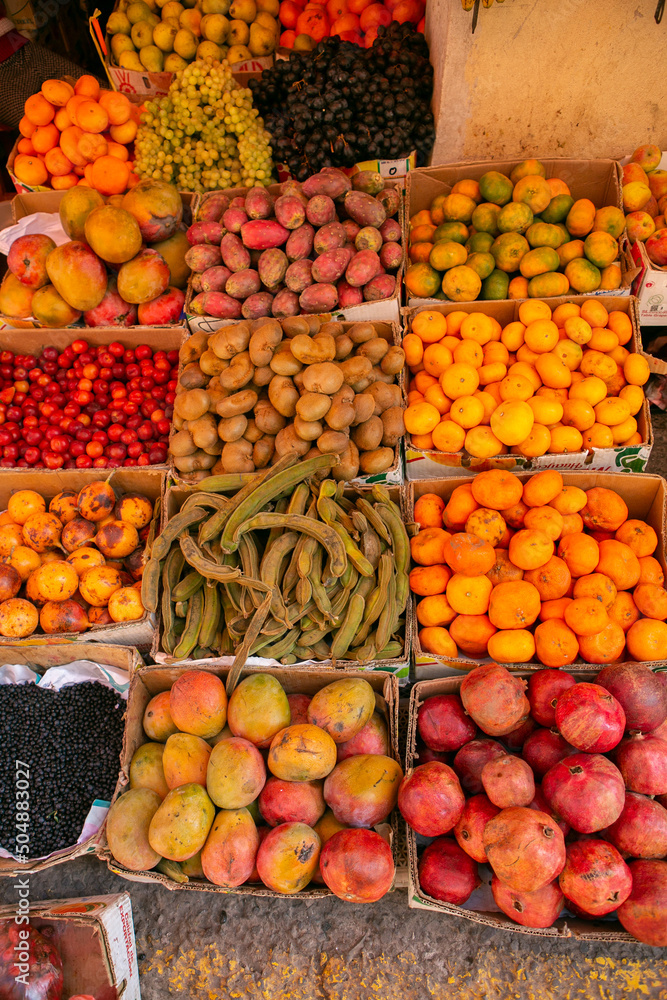Fresh fruits and vegetables at the local market in Lima, Peru. Market vegetables sold by local farmers