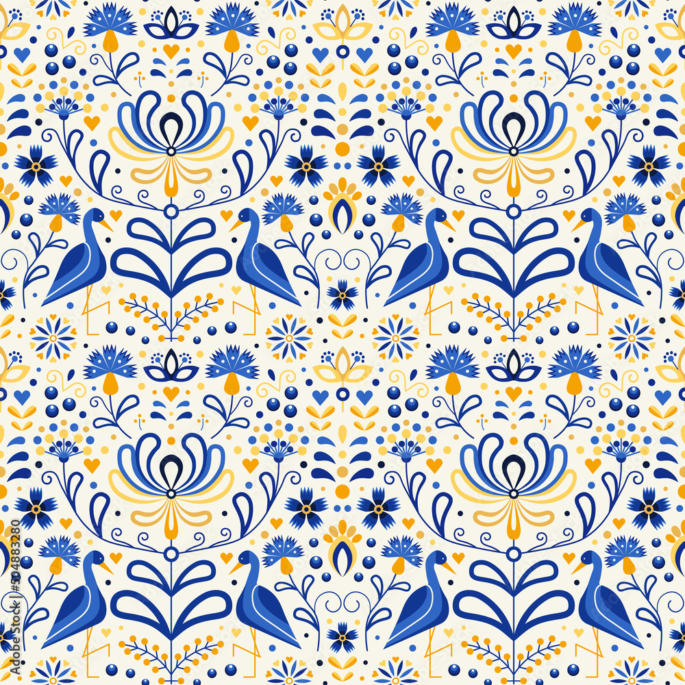 Slavic Floral Folk Ukraine Pattern with Cranes