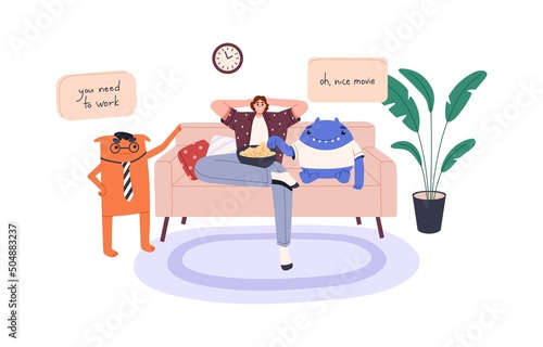 Procrastination concept. Lazy unproductive person procrastinating, postponing, delaying work, choosing resing, relaxing on sofa at home. Flat vector illustration isolated on white background