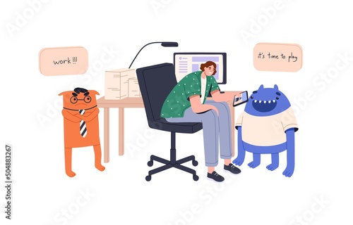 Procrastination concept. Employee procrastinating, delaying work, preferring and choosing to play games. Bad lazy office worker wasting time. Flat vector illustration isolated on white background