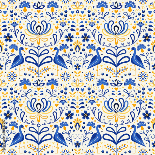 Obraz na płótnie Slavic Floral Folk Ukraine Pattern with Cranes w salonie