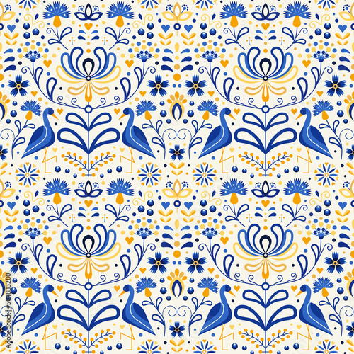 Slavic Floral Folk Ukraine Pattern with Cranes