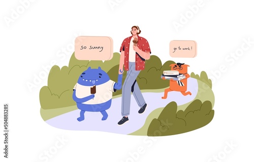 Lazy irresponsible employee choosing walk in park instead of work. Procrastination, laziness concept. Person procrastinating, relaxing. Flat vector illustration isolated on white background