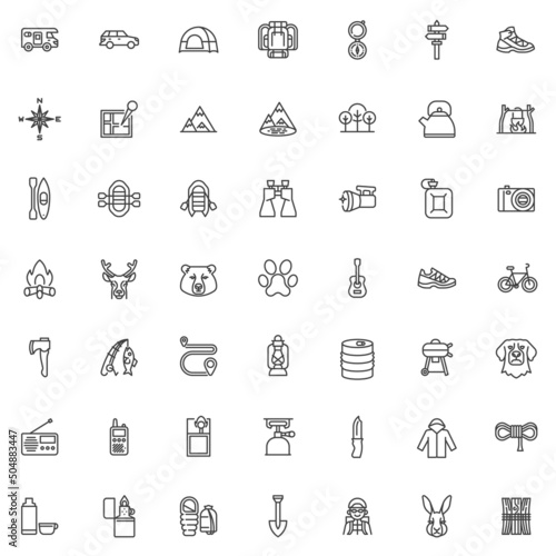 Camping and hiking line icons set