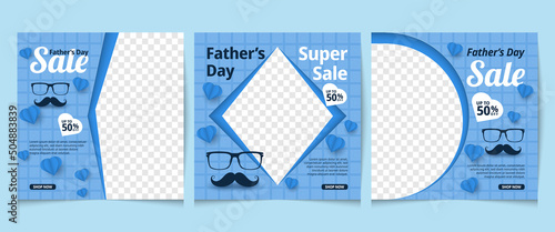 Father's Day Social Media Post Template Designs Set. Square banner in blue color. Can be used for social media, flyers, and websites