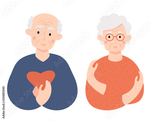 Loving couple of elderly people. Cute senior lady and bald old man with heart in hand. Concept Take care of yourself, love yourself. Vector illustration. Cute persioner character for conceptual design