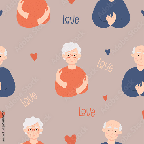 Seamless pattern with elderly couple happy old people. Cute old woman pensioner and bald old man on background with hearts. Vector illustration. Love yourself, find time to care