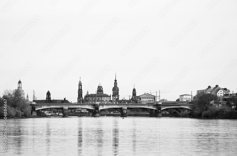 View of the city of Dresden from the banks of the Elbe.
