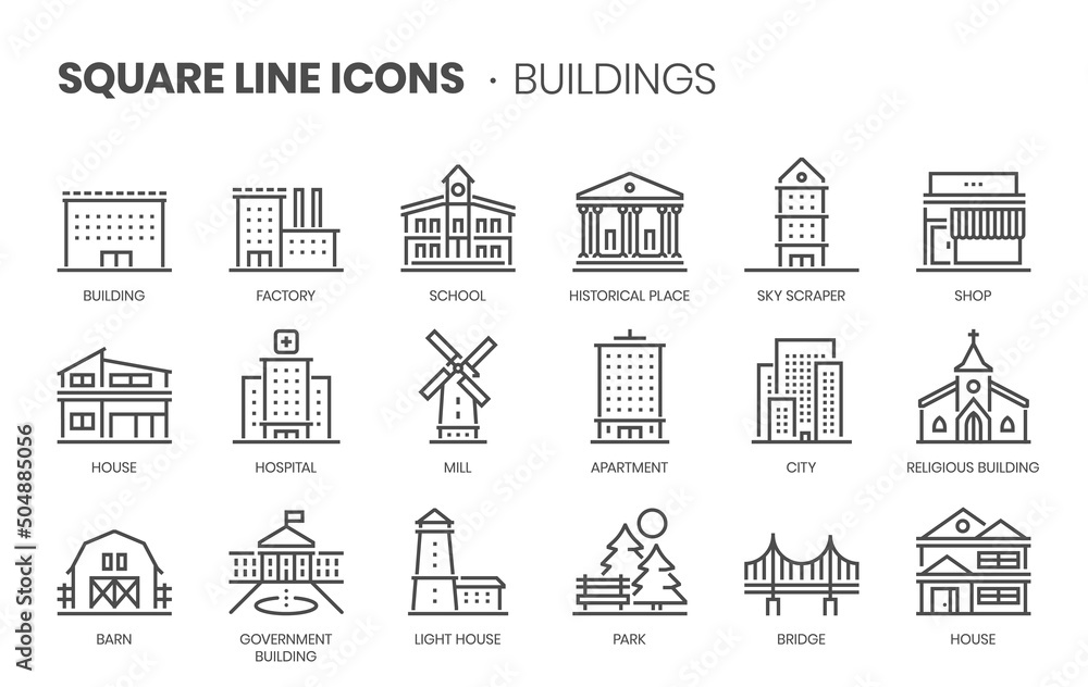Buildings related, pixel perfect, editable stroke, up scalable square line vector icon set. 