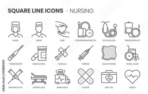 Nursing related, pixel perfect, editable stroke, up scalable square line vector icon set.  photo