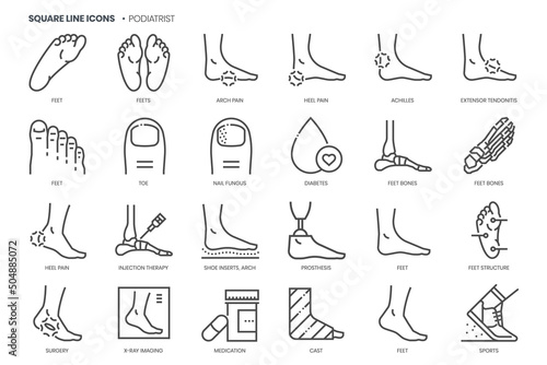 Podiatrist related, pixel perfect, editable stroke, up scalable square line vector icon set.  photo