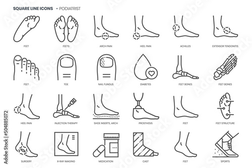 Podiatrist related, pixel perfect, editable stroke, up scalable square line vector icon set. 