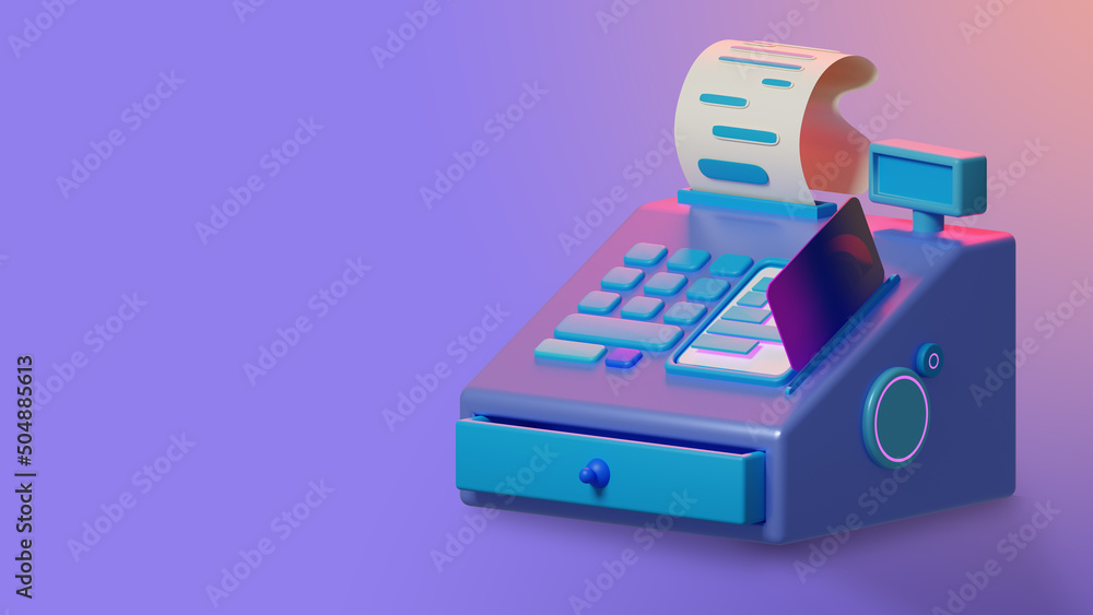 Cash register on a lilac background. Money cash register. Equipment for trade and business. Retail sale concept. Cash register with a receipt. Payment for purchases. 3d image - obrazy, fototapety, plakaty 
