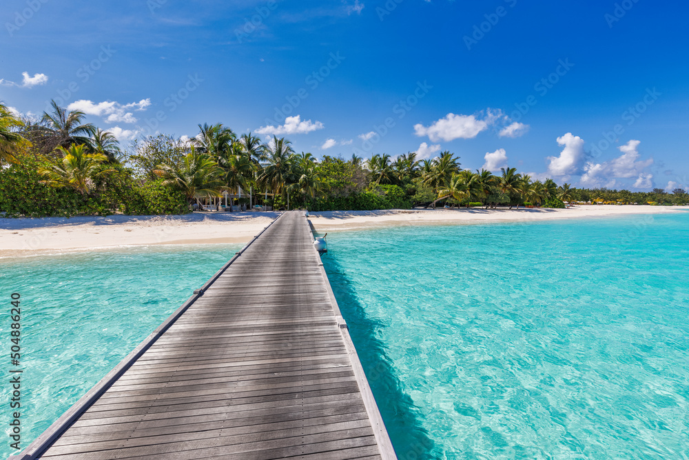 Travel Maldives island, luxury water villas resort and wooden pier. Beautiful sky and clouds and beach background for summer vacation holiday and travel concept. Paradise landscape, tranquil tropical - obrazy, fototapety, plakaty 
