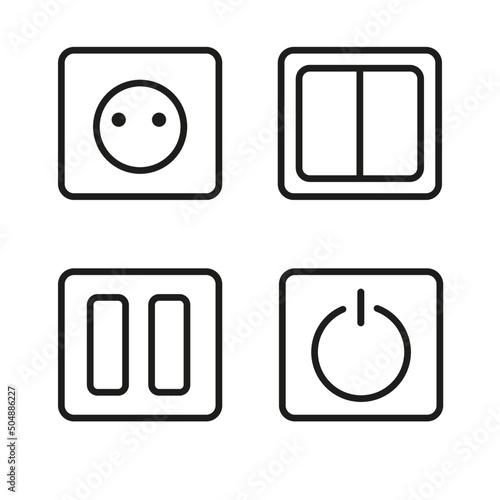 Set of icons of electric socket and switches. Symbols for sockets and switches on construction and electrical diagrams and drawings. Documents regulating modern symbols.