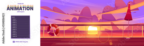 Ocean landscape view from cruise ship deck at sunset. Vector parallax background ready for 2d animation with cartoon illustration of seascape, sun on horizon, quay with railing, lifebuoy and umbrella