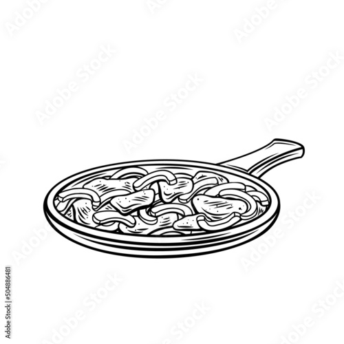 Beef Fajitas with bell peppers in pan drawn outline vector icon. Traditional mexican dish illustration in retro style.