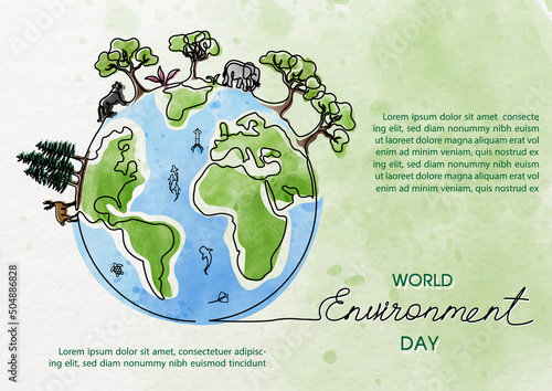 Poster's campaign of World environment day in line art and watercolors style with vector design.