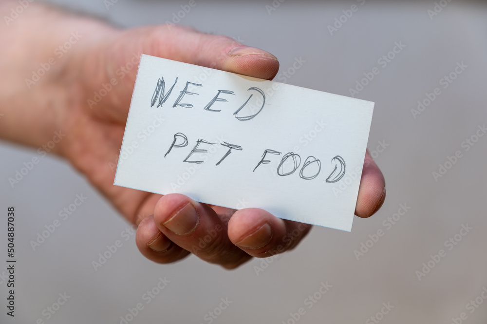 Need pet food. Words written in jagged letters. A man's hand holds a white paper rectangle with text against a gray background Need pet food. Words written in jagged letters. A man's hand holds a white paper rectangle with text against a gray background