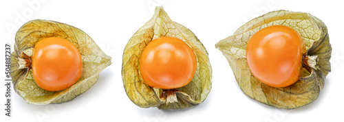 Three ripe physalis or golden berry fruits in calyx isolated on white background. photo