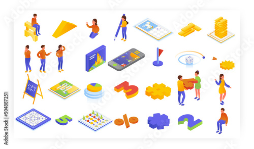 Preschool learning kids games, vector isometric icon set. Children playing board games, math worksheets, number puzzles.