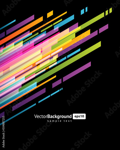 Multicolored diagonal stripes technology flow organization black poster background template vector illustration. Bright geometric lines stream digital dynamic futuristic vibrant abstract gradient