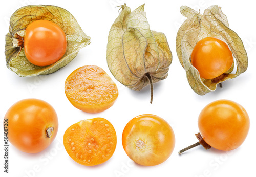 Collection of golden berry fruits in calyx and half physalis isolated on white background.